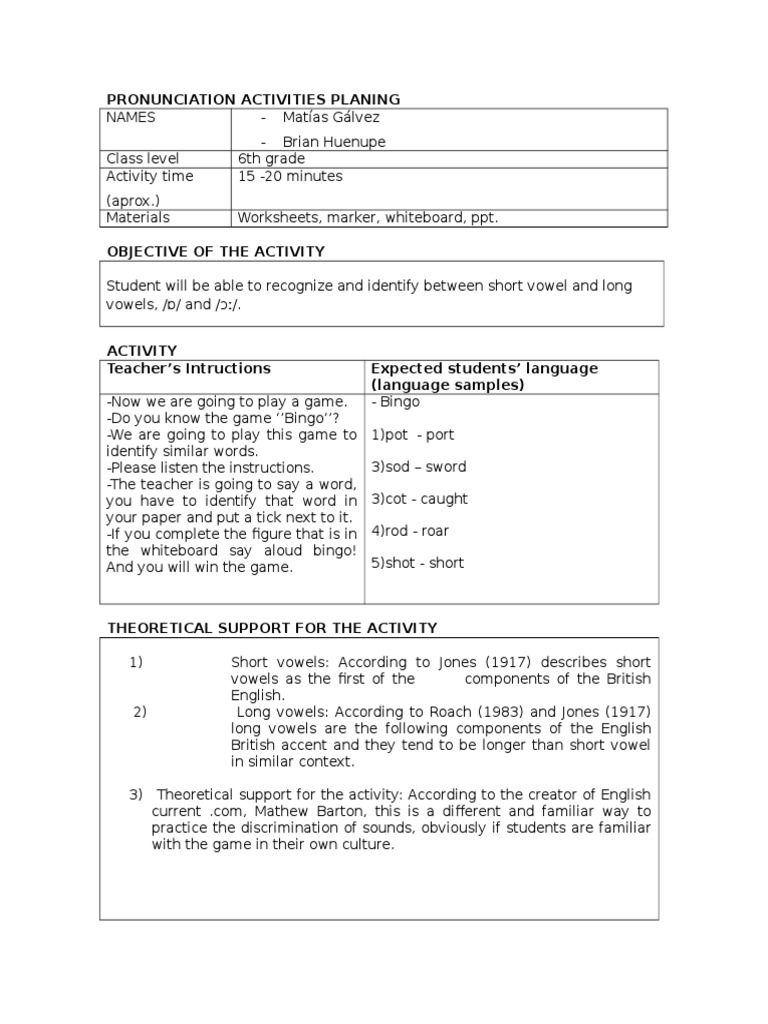 Pronunciation Activities for Vowels | PDF