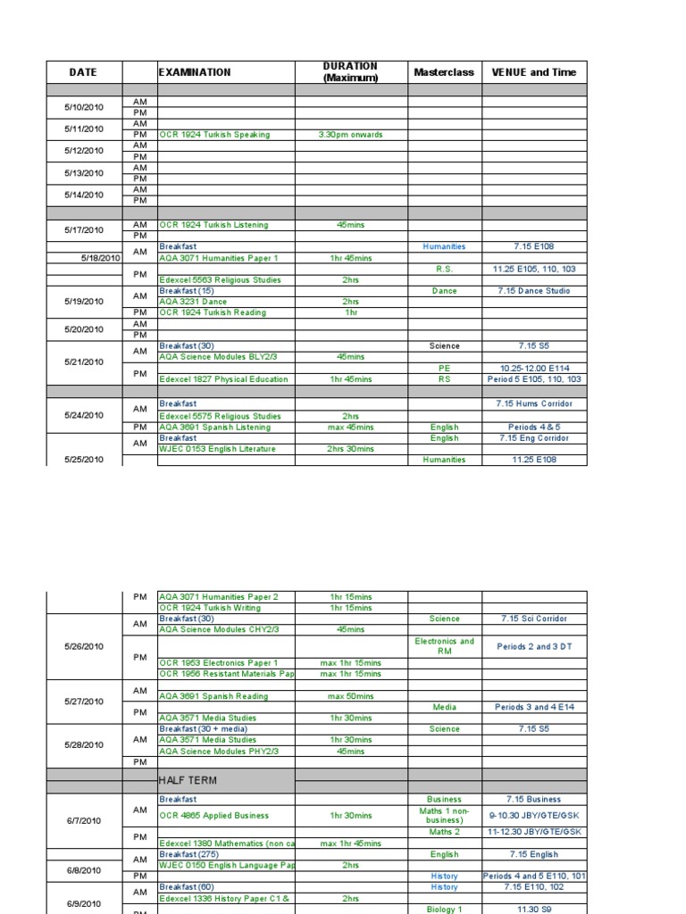 2010 Exam Schedule Overview | PDF | Qualifications | Student Assessment ...