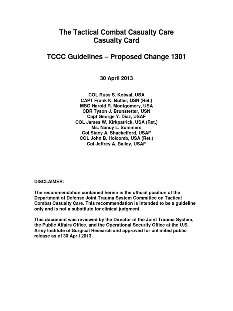 The Tactical Combat Casualty Care Casualty Card - TCCC Guidelines ...