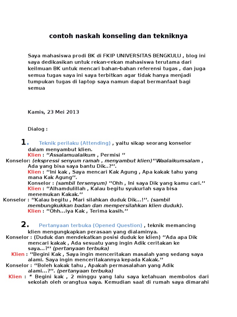 Contoh Naskah Konseling Dan Tekniknya