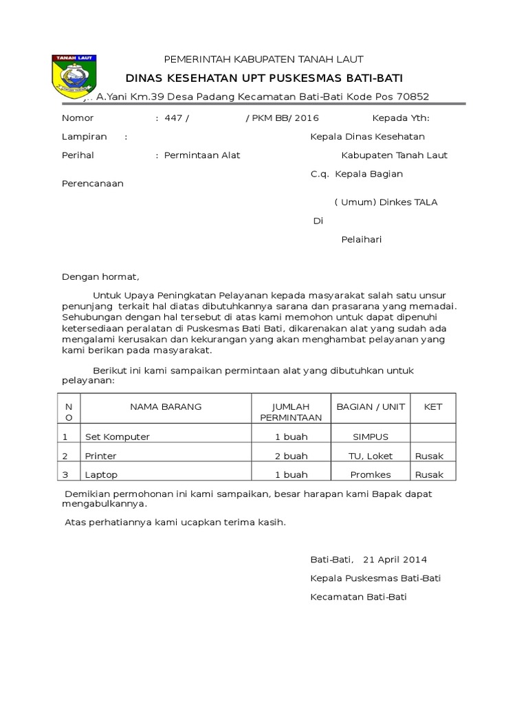 Contoh Permintaan Alat Kesehatan Di Puskesmas Bati Bati