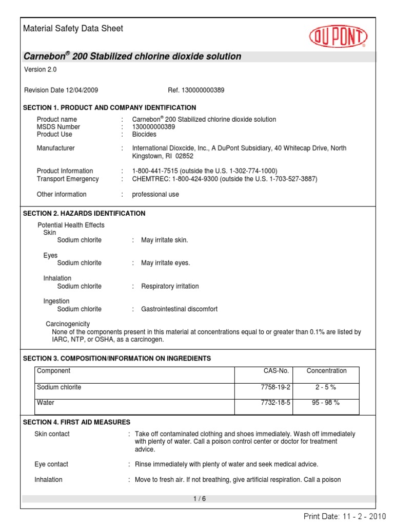Msds Dupont Chlorine Dioxide Pdf Toxicity Chlorine