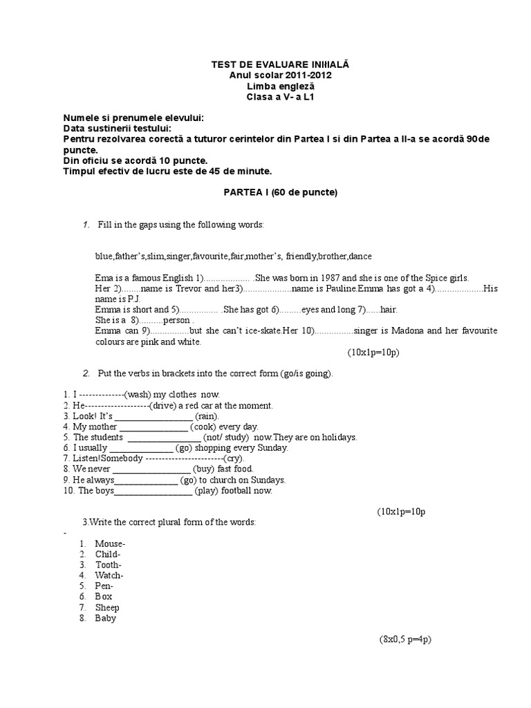 Initial Assessment for English Class V | PDF