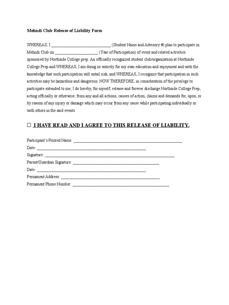I Have Read and I Agree To This Release of Liability | PDF