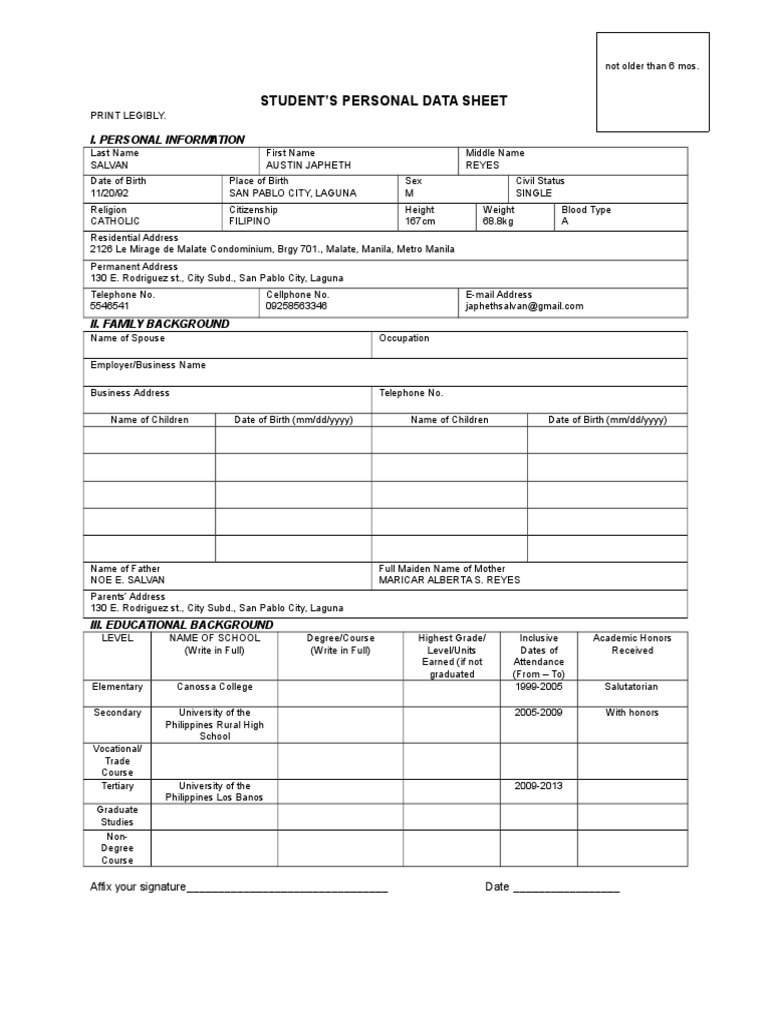 Student Personal Data Sheet Template | PDF