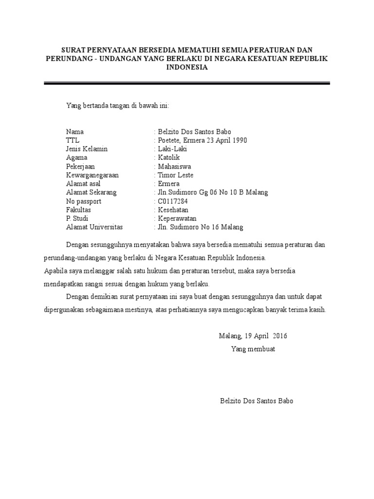 Surat Pernyataan Bersedia Mematuhi Semua Peraturan Dan