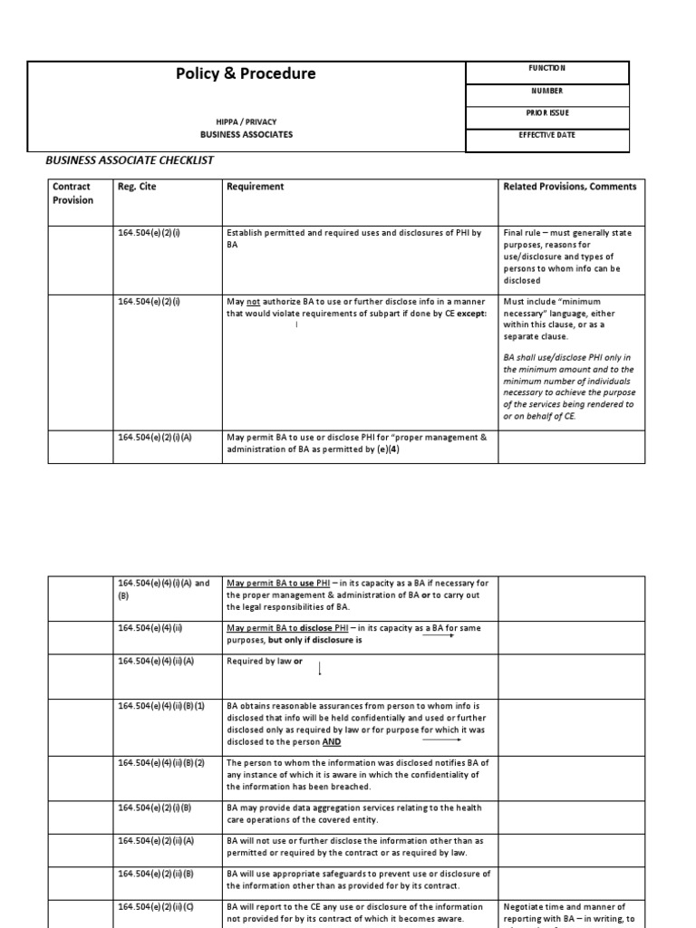 Policy & Procedure: Business Associate Checklist | PDF | Privacy ...