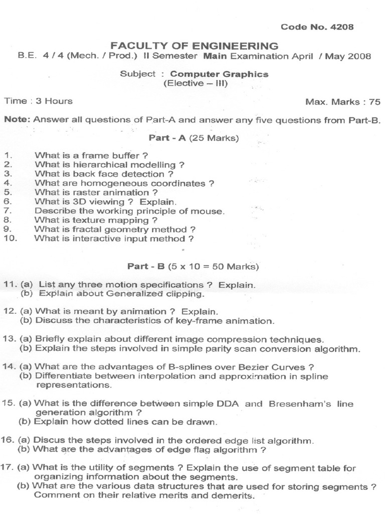 B.E. Computer Graphics Exam Paper 2008 | PDF