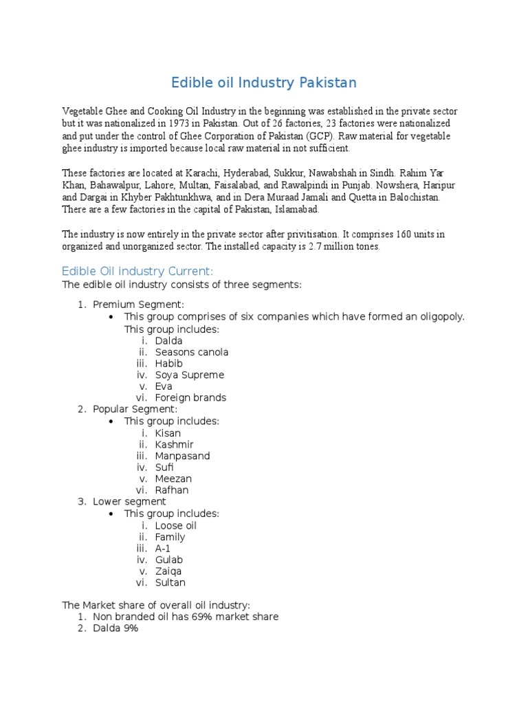 Edible Oil Industry Pakistan PDF Vegetable Oil Rapeseed