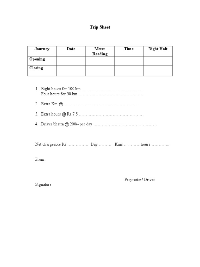 Journey Date Meter Reading Time Night Halt Opening Closing: Trip Sheet ...