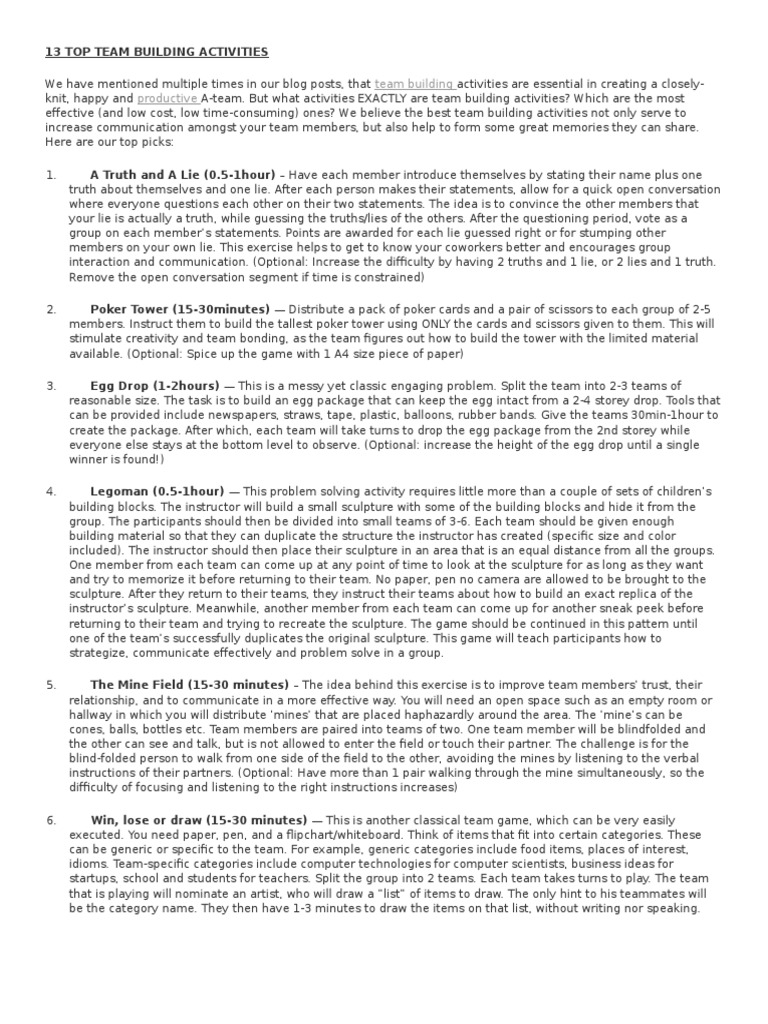 Engaging Team Building Ideas | PDF | Team Building | Creativity