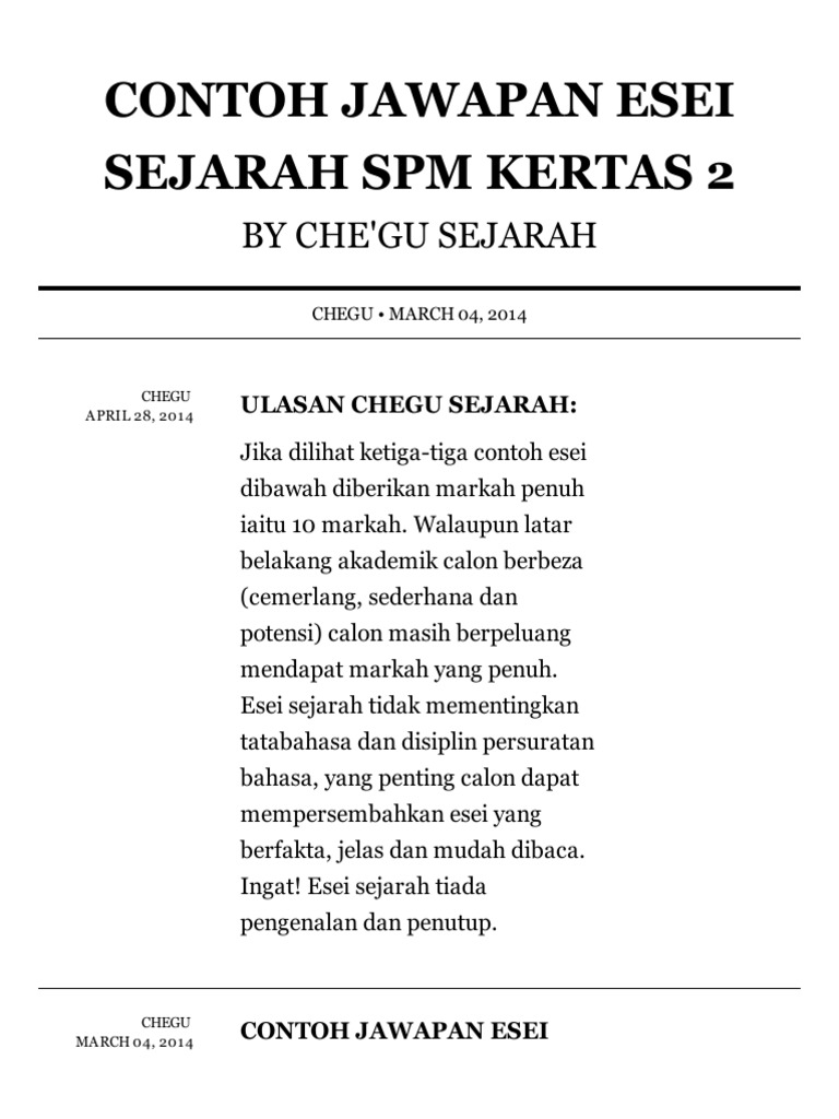 Contoh Esei Sejarah Spm Kertas 2