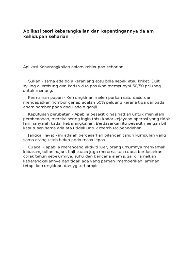 Aplikasi Teori Kebarangkalian Dan Kepentingannya Dalam Kehidupan Seharian Pdf