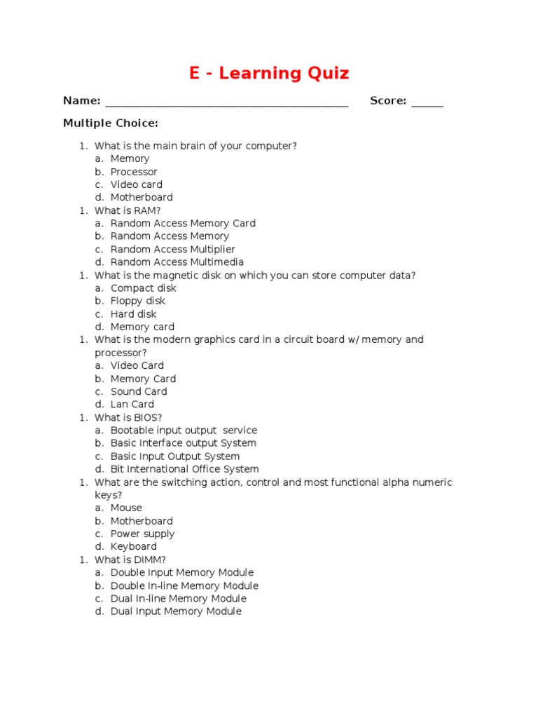 Computer Hardware E-Learning Quiz | PDF | Games & Activities ...