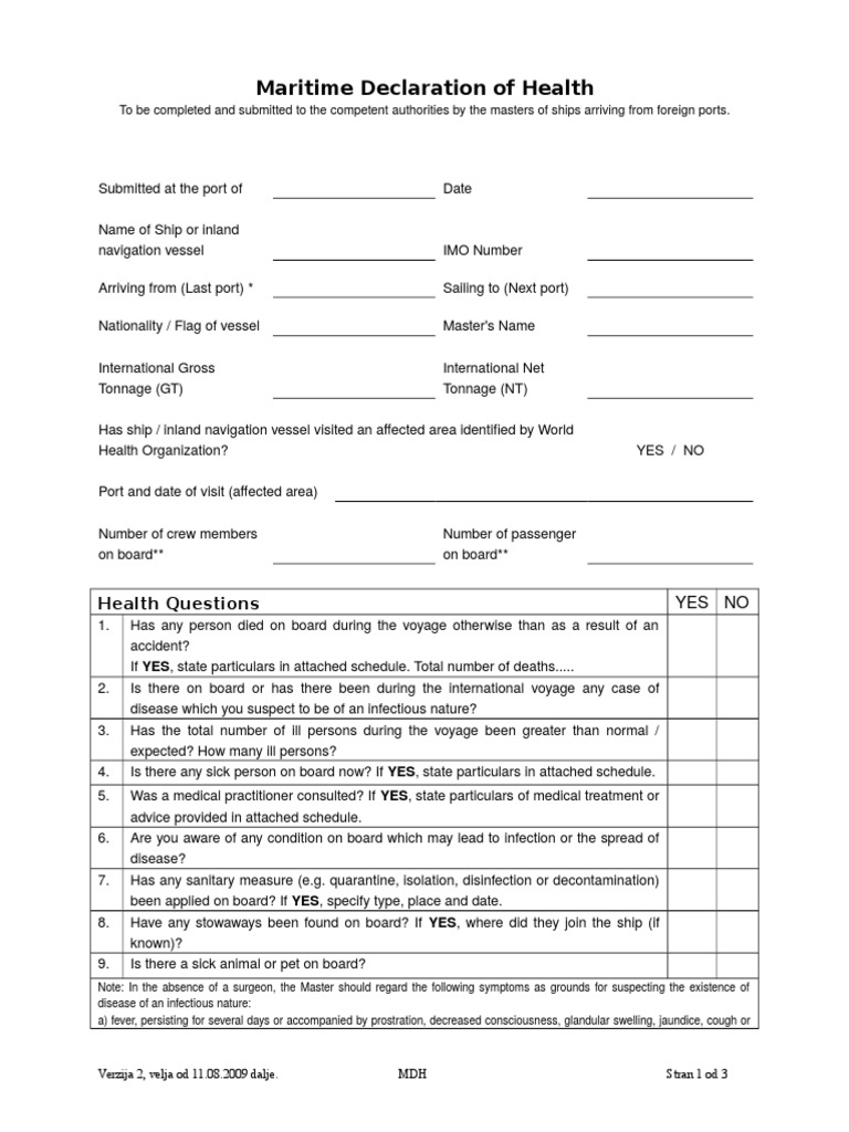 Maritime Health Declaration Form | PDF | Tonnage | Quarantine