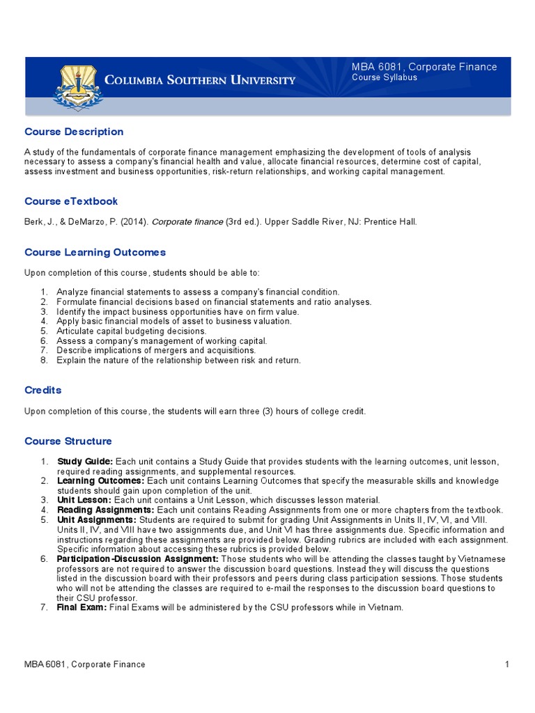 MBA Corporate Finance Course Syllabus | PDF | Capital Structure ...