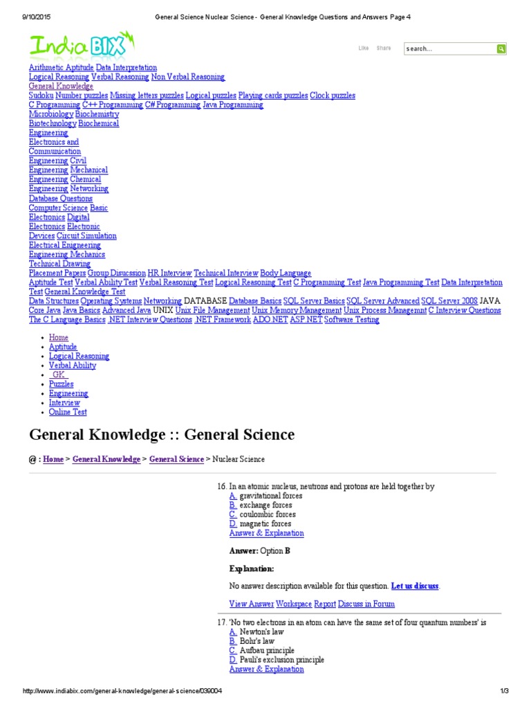 General Science Nuclear Science General Knowledge Questions And Answers Page 4 Atoms Nuclear Physics