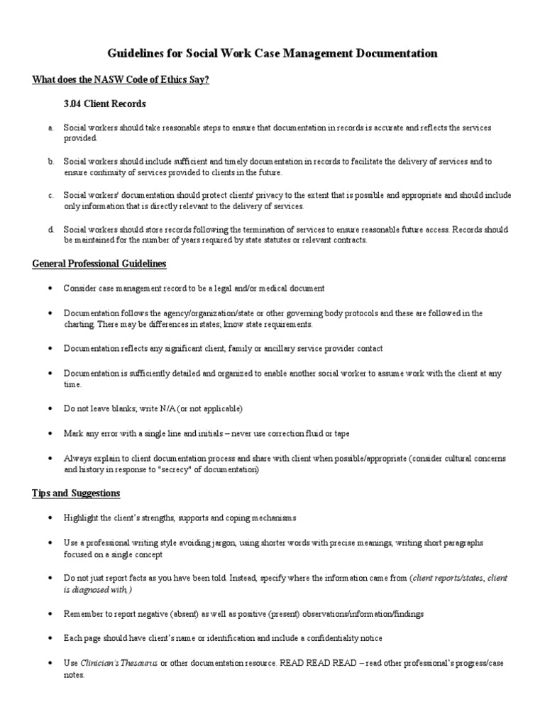 Guidelines for Social Work Case Management Documentation Substance