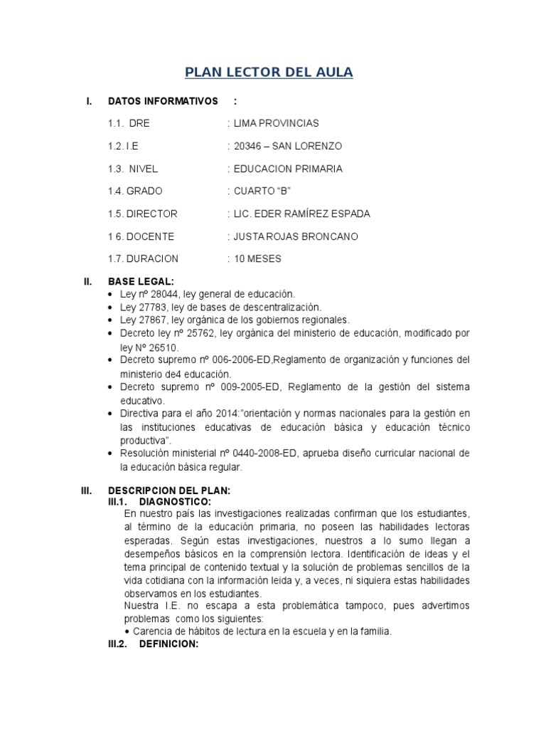 Plan Lector para Cuarto Grado | PDF | Lectura (proceso) | Educación ...