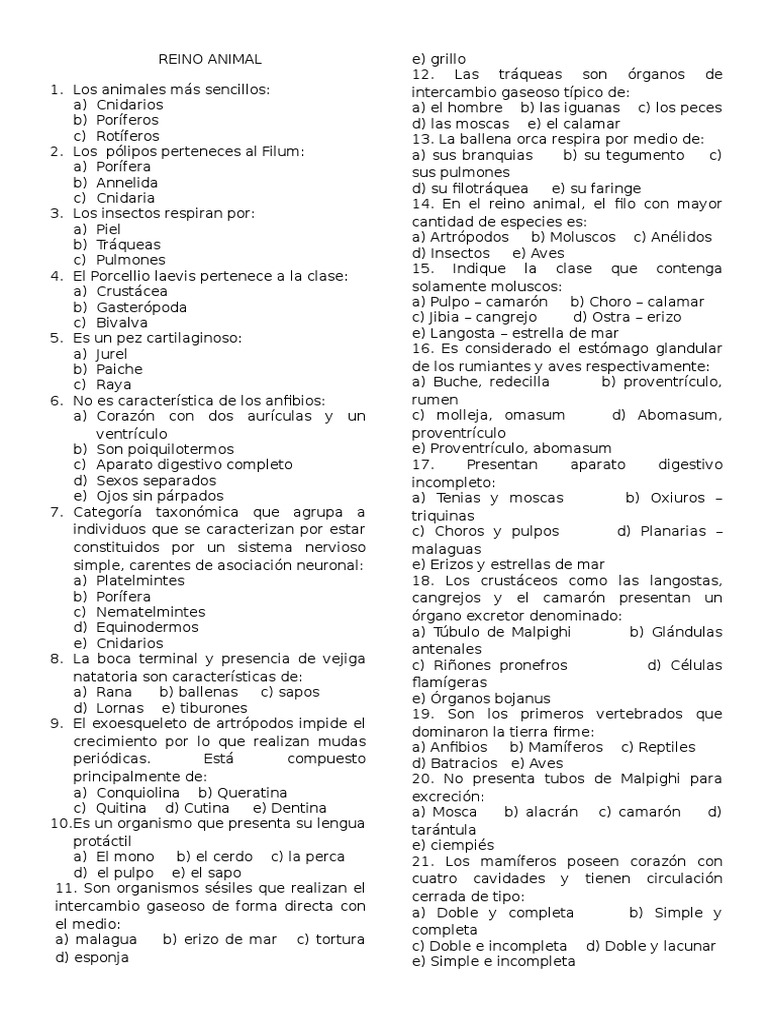 Banco de Preguntas Reino Animal | PDF | Ecología | Ecosistema