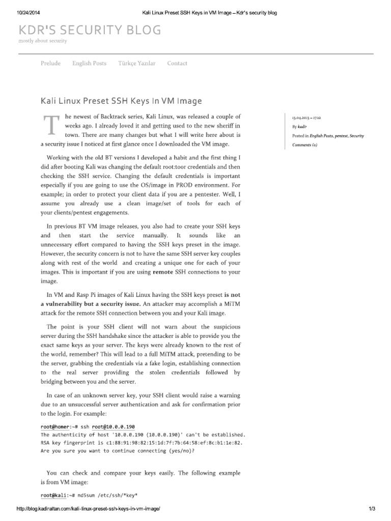 Kali Linux Preset SSH Keys in VM Image | PDF