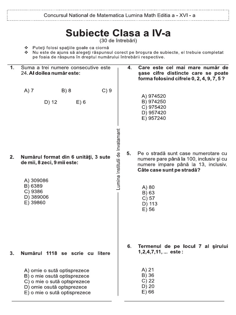 Lumina Math Etapa 1 Clasa A IV A | PDF