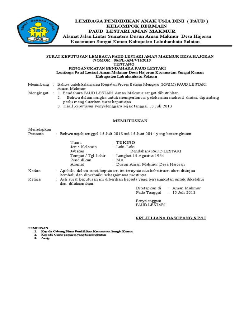 Contoh Sk Bendahara Paud Dunia Sosial