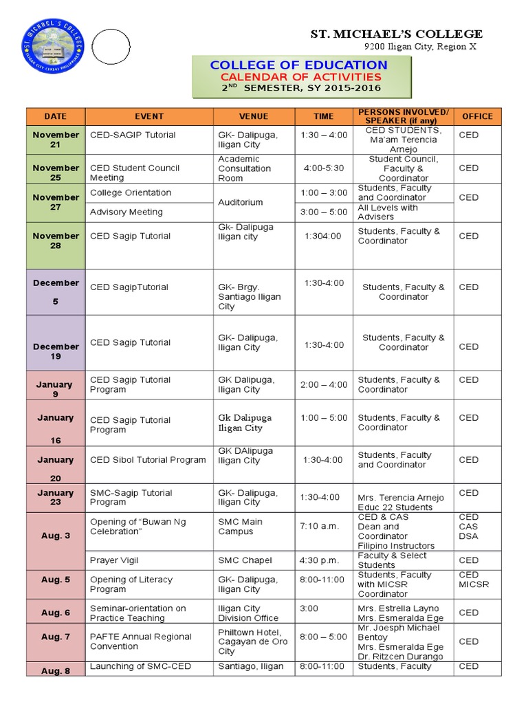 CED Activities Calendar 2015-16 | PDF