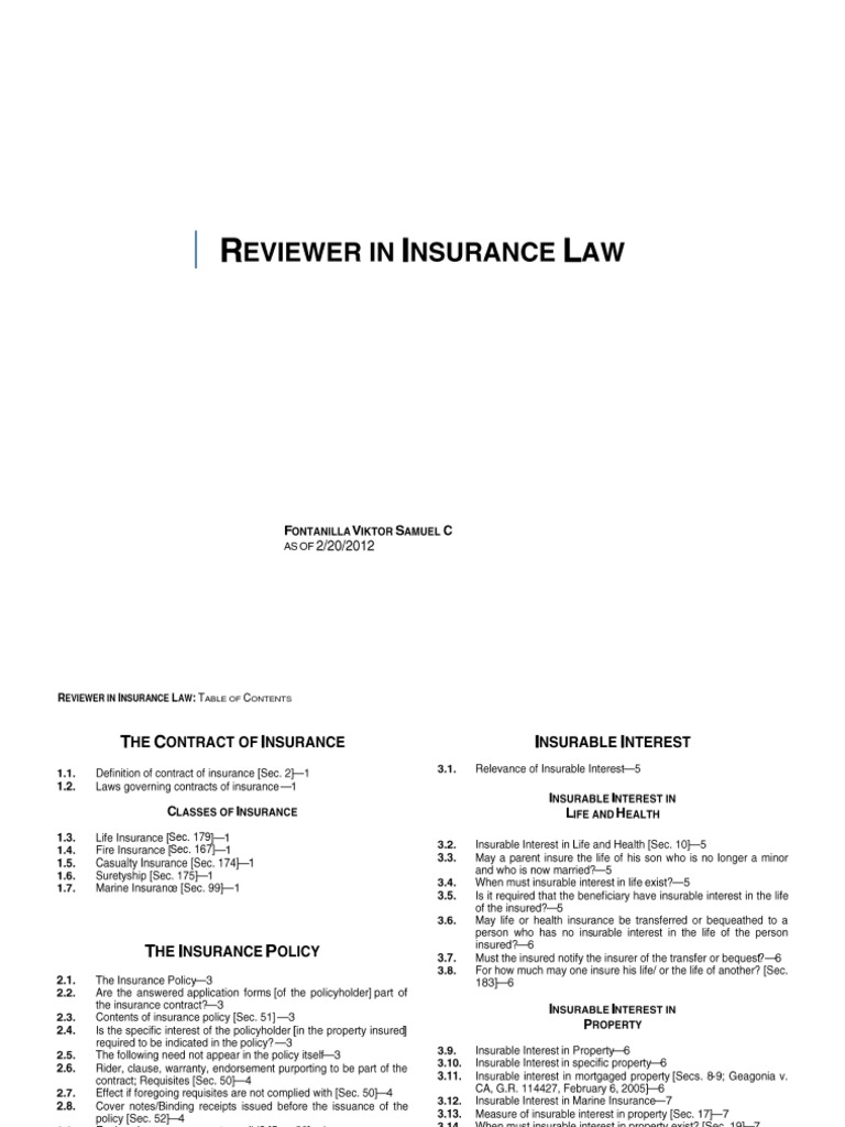 Insurance Law Reviewer Guide | PDF | Insurance | Service Industries