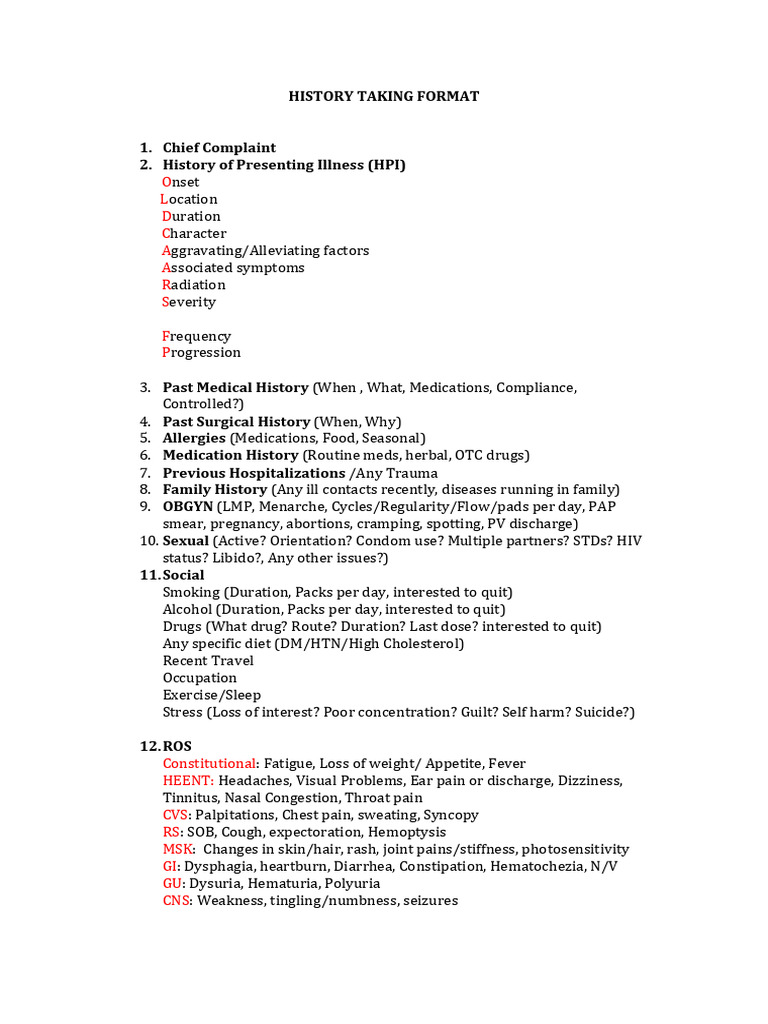 History Taking Format