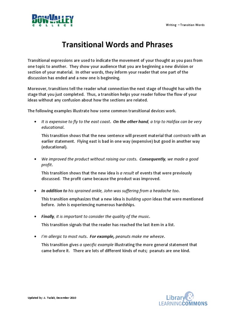 Writing Transit Words Comma Punctuation