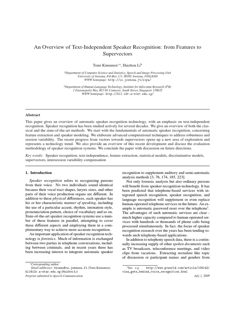 Speaker Recognition Overview | PDF | Support Vector Machine | Spectral ...