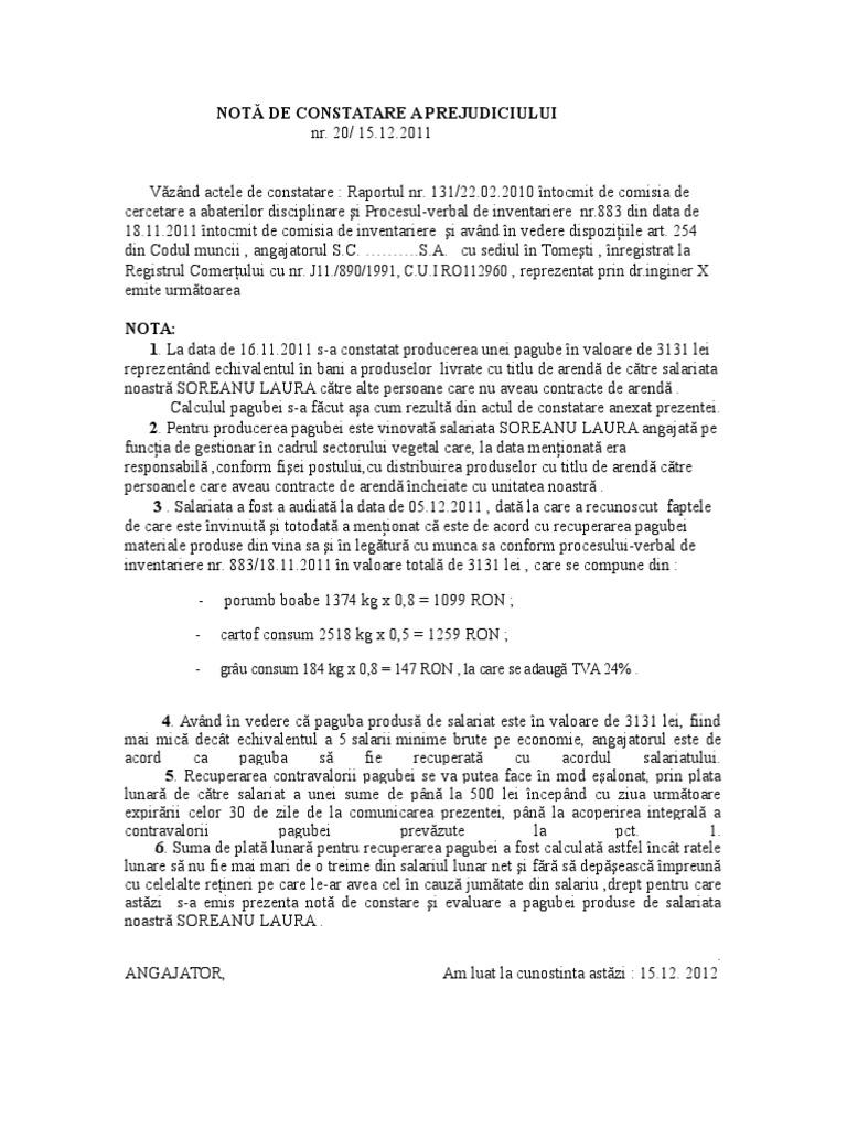 Nota de Constatare A Prejudiciului | PDF