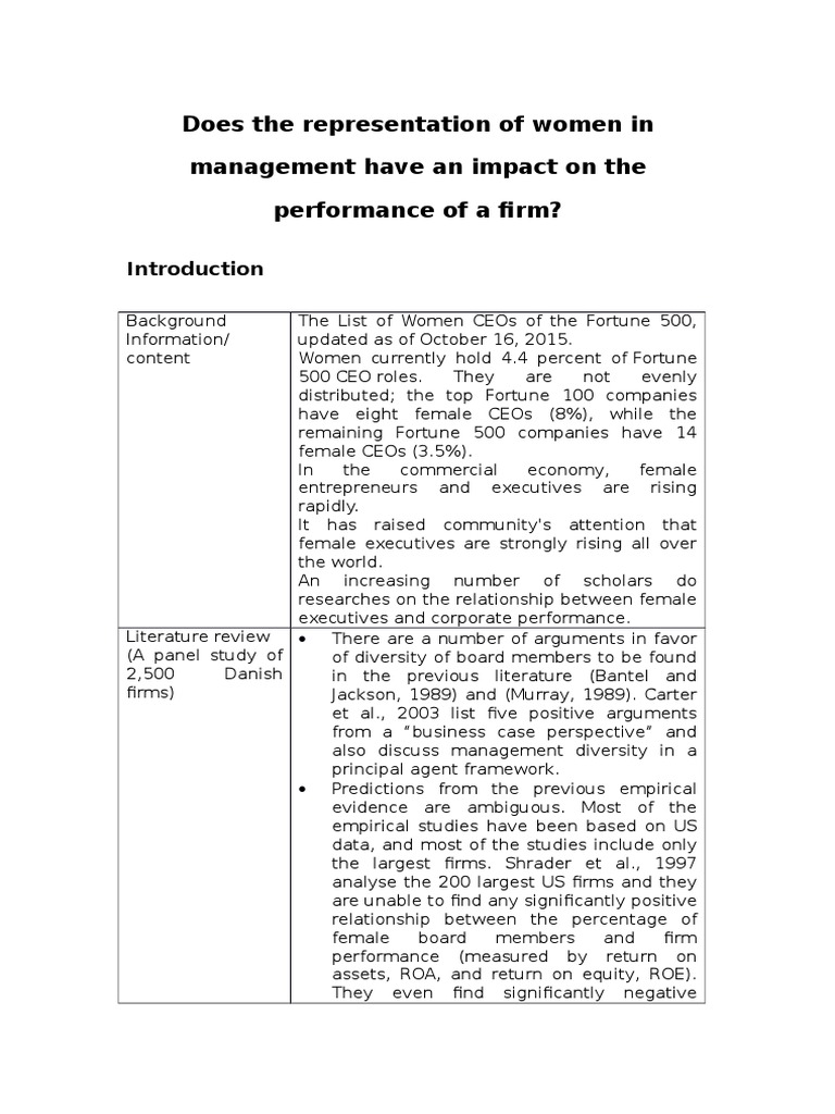 Impact of Women in Management on Firm Performance | PDF | Chief ...