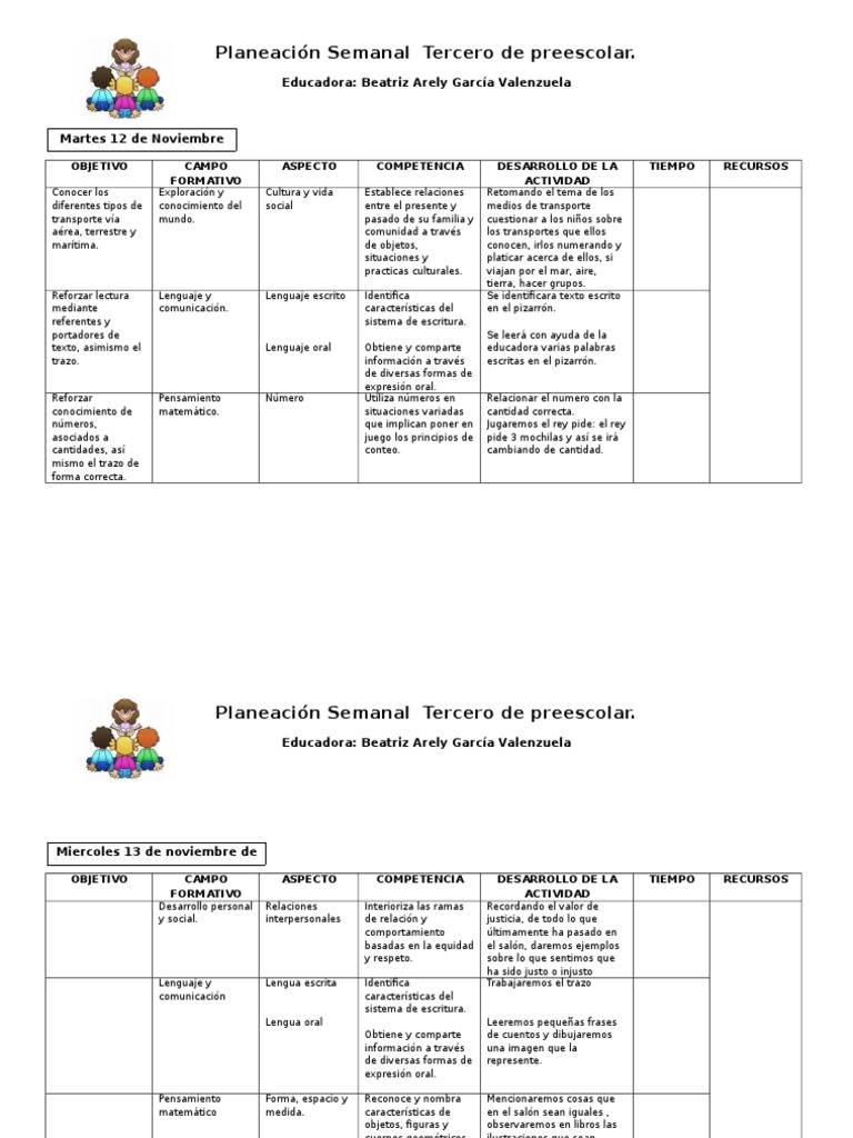 Planeación Semanal Preescolar 3er Grado | PDF | Jardín de infancia ...