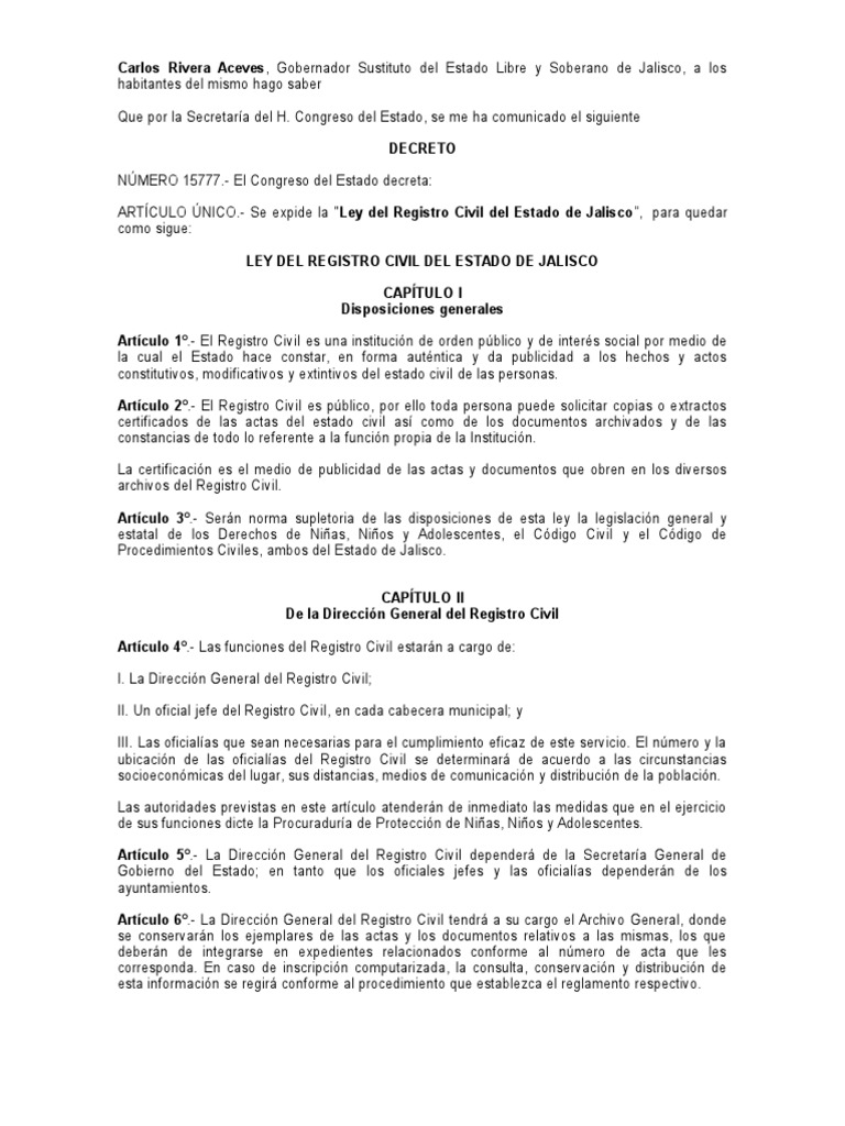 Ley Del Registro Civil Del Estado de Jalisco