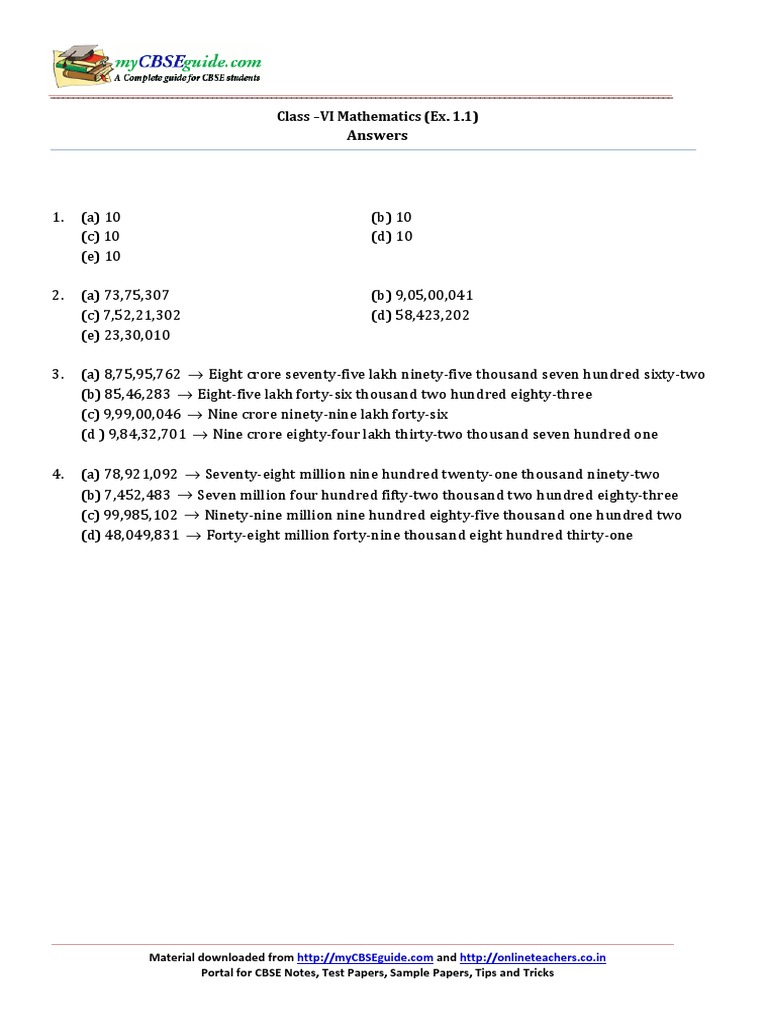 Class VI Math Answers (Ex. 1.1) | PDF | Technology & Engineering