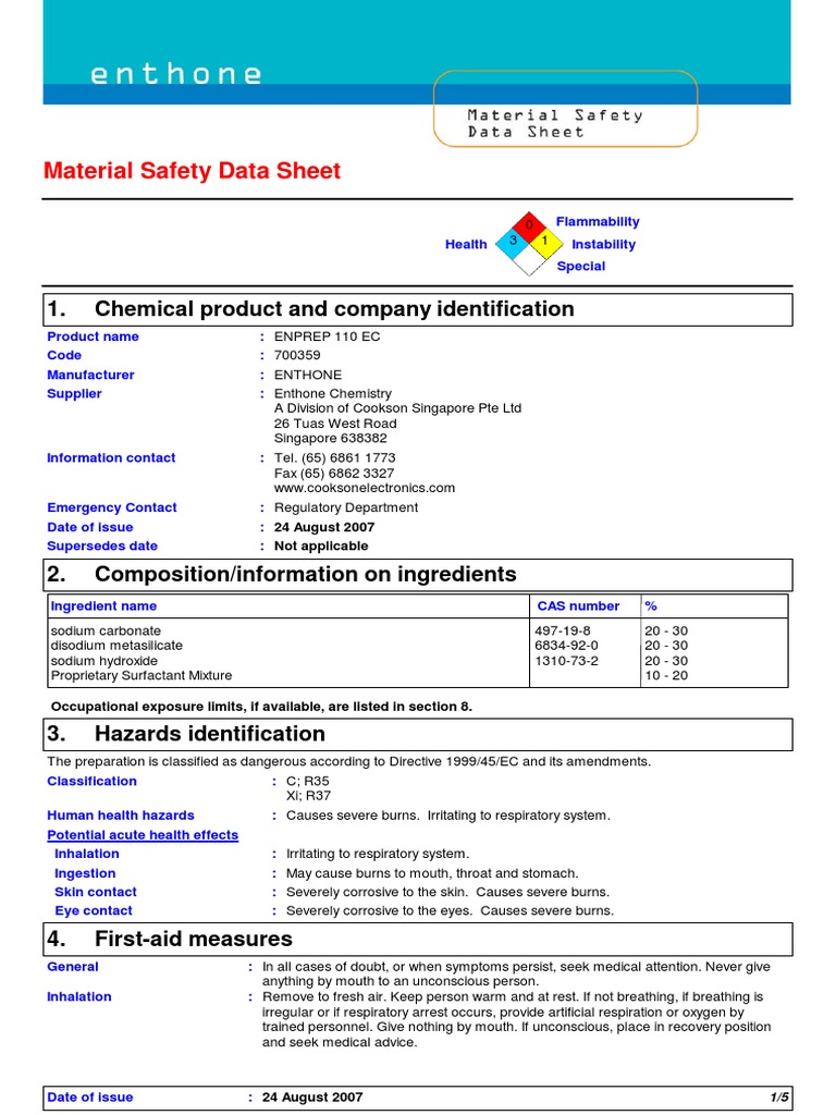 Enprep - 110 EC Steel Cu Brass MSDS | PDF | Personal Protective ...