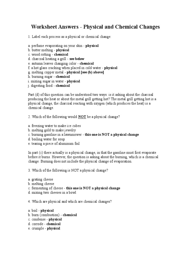 Physical Vs Chemical Change Answers | PDF | Combustion | Chemical 