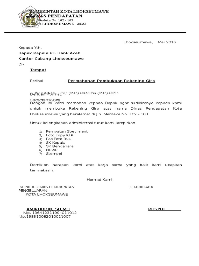 Surat Permohonan Buka Rekening BPD