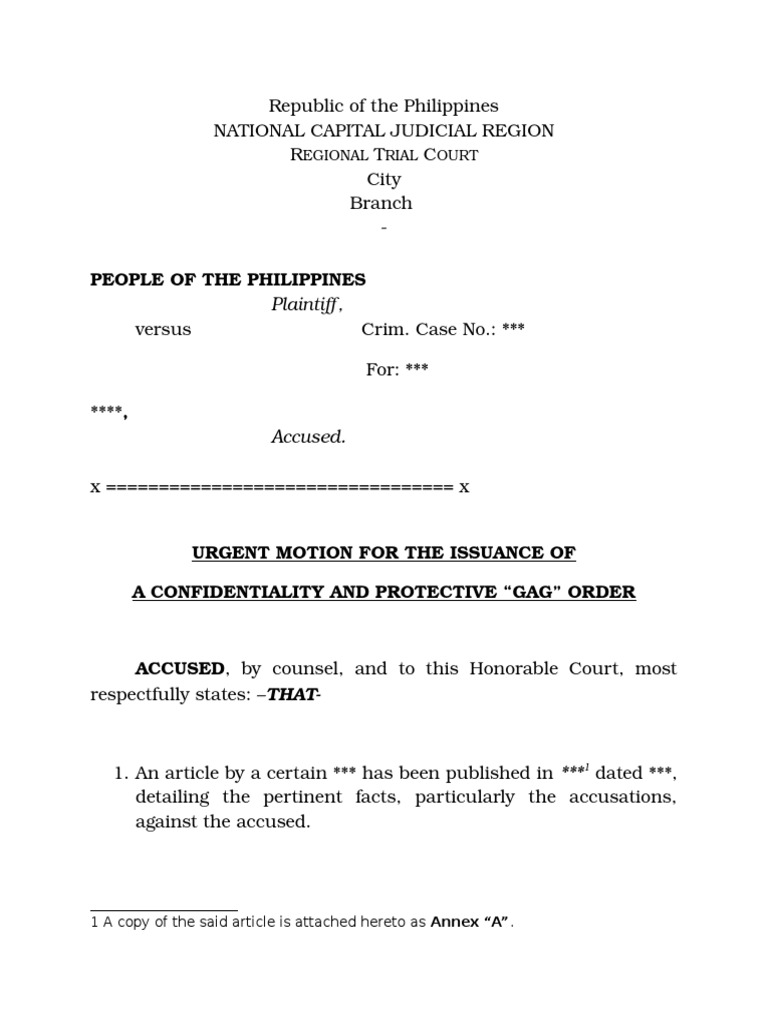 Motion For The Issuance of A Gag Order PDF