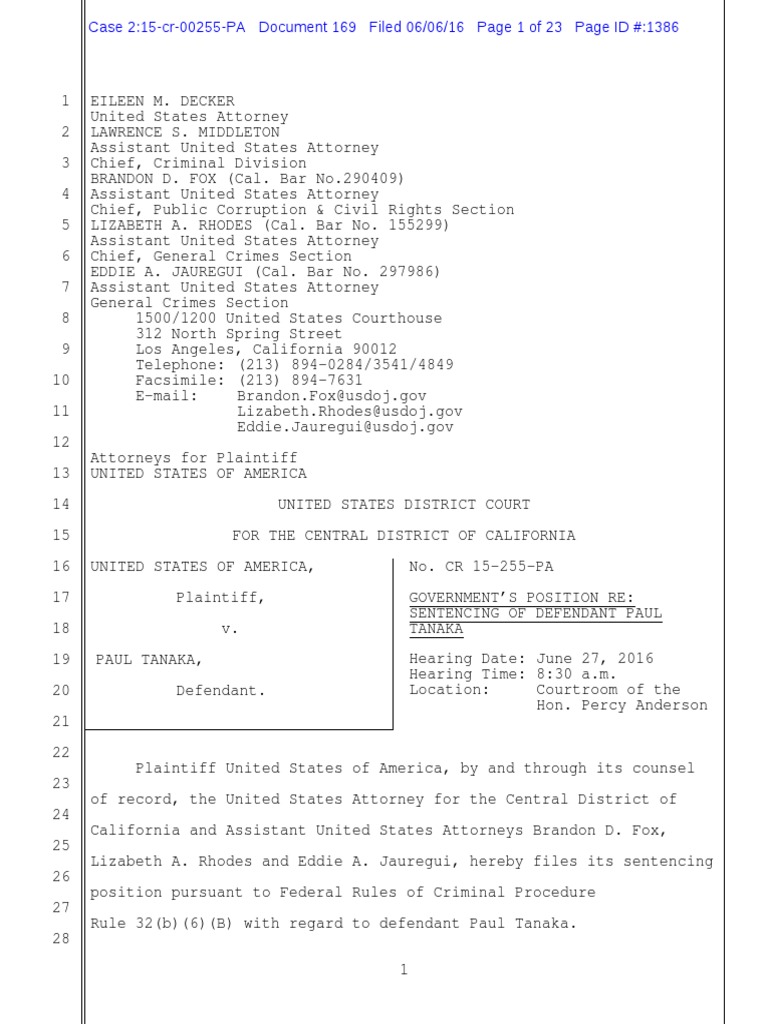 Paul Tanaka Sentencing Memo United States Federal Sentencing