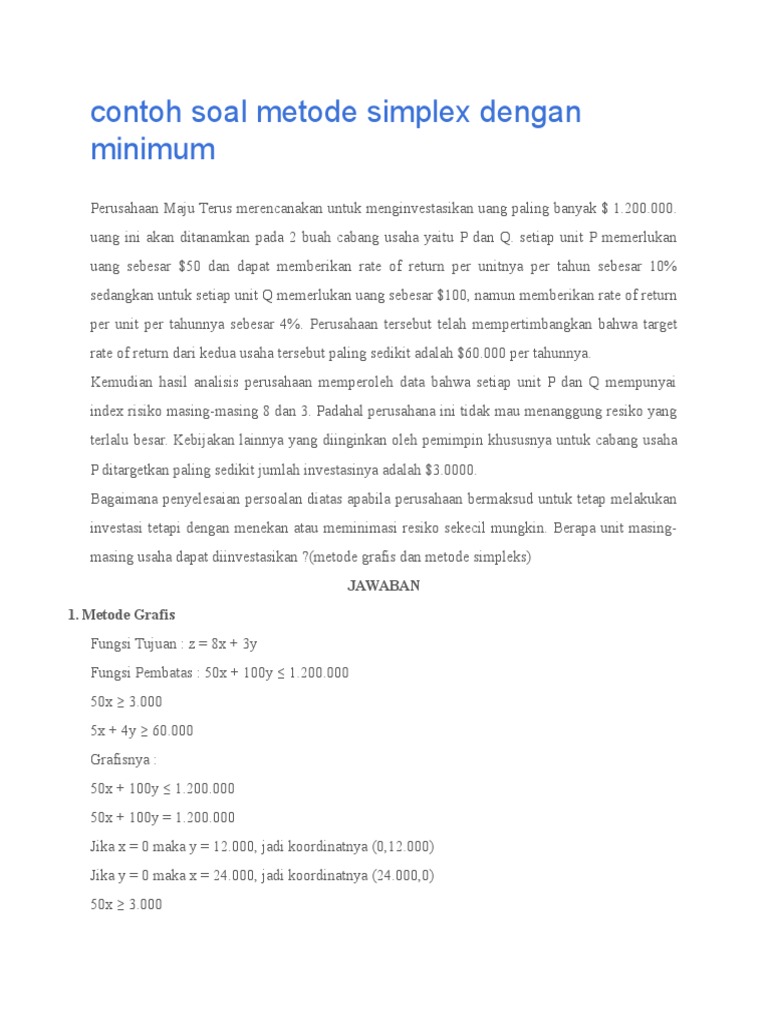 Contoh Soal Cerita Metode Simpleks Minimasi - Kumpulan Tugas