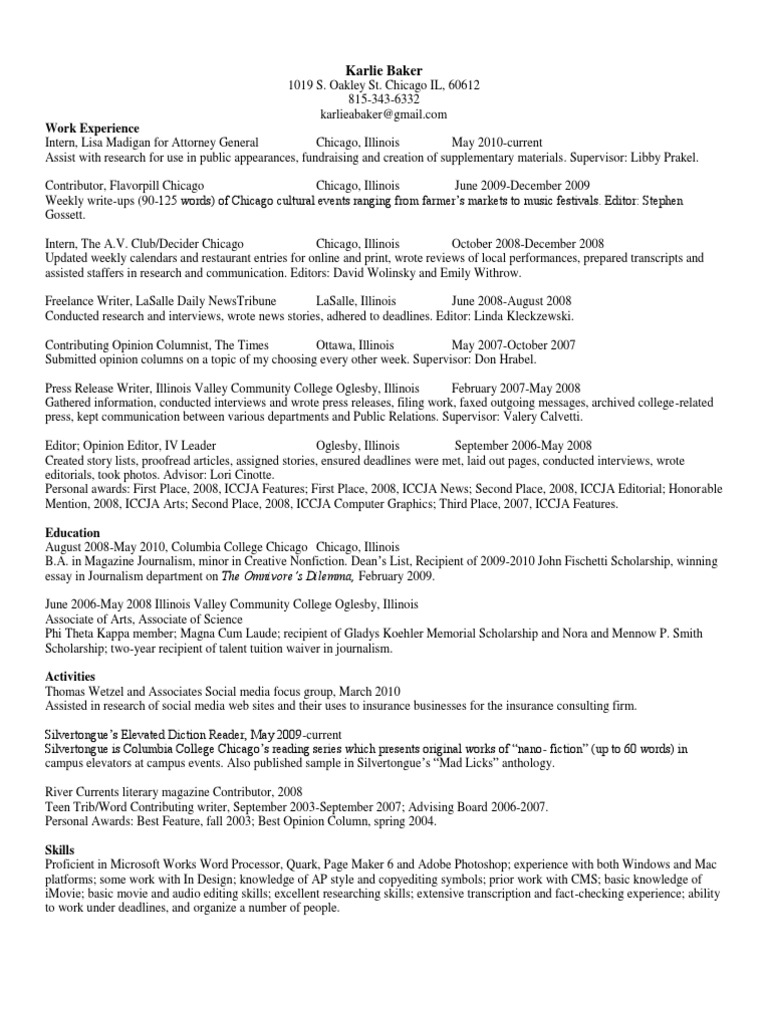 Karlie Baker's Journalism Resume | PDF | Editing | Journalism
