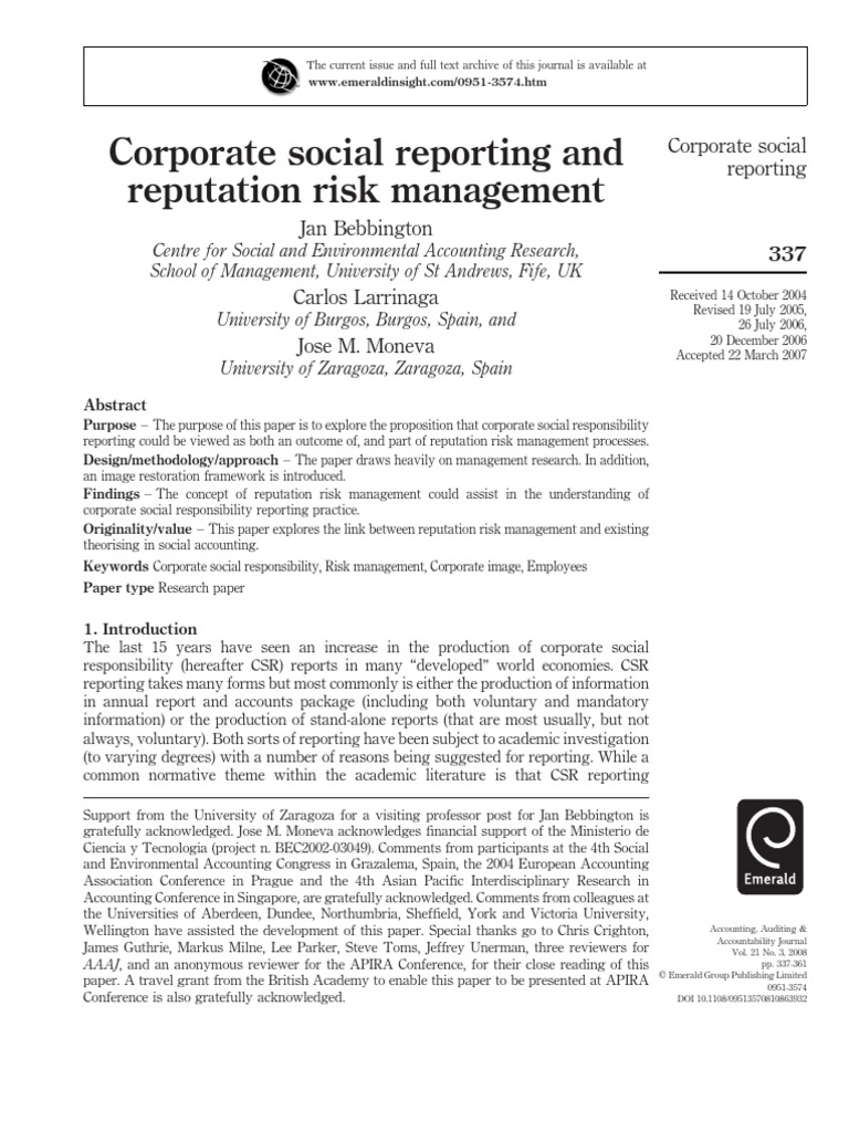 Corporate Social Reporting and Reputation Risk Management | PDF ...