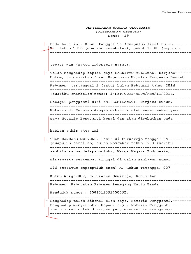 Contoh Akta Penyimpanan Surat Wasiat Olografis ID.Lif.co.id