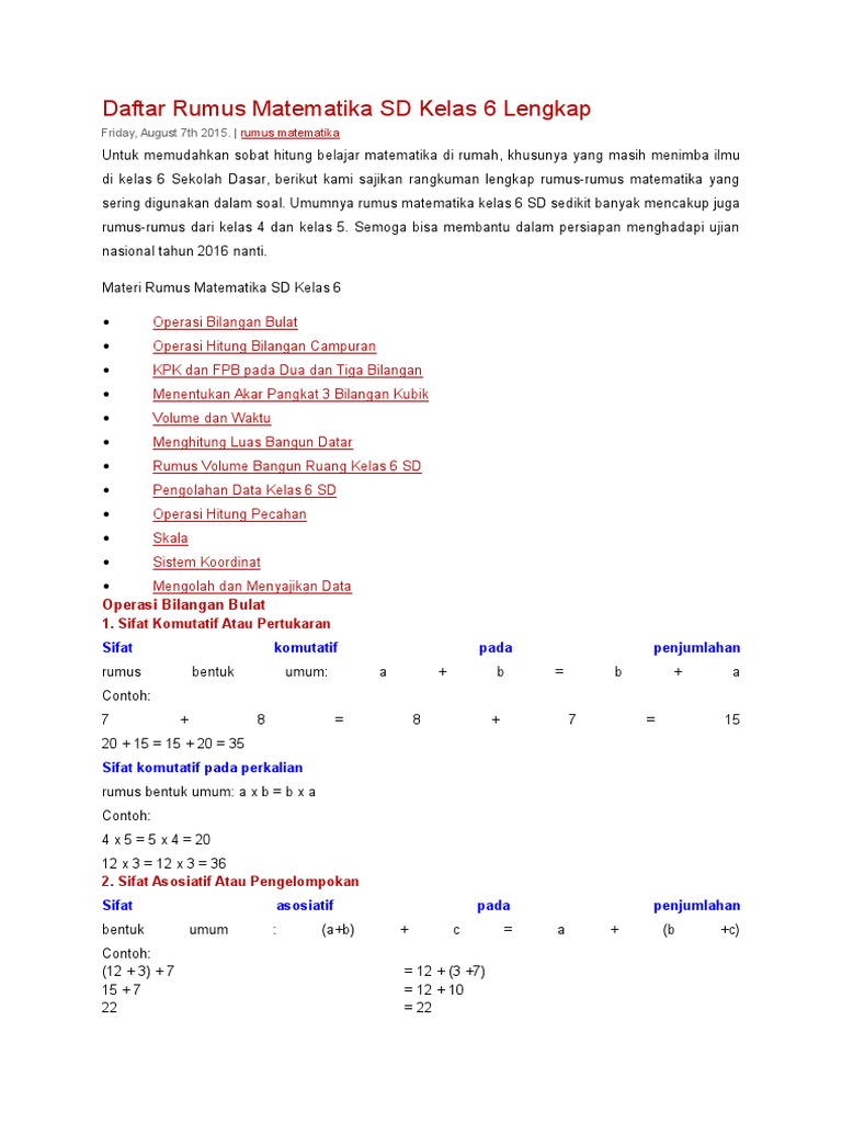 Daftar Rumus Matematika Sd Kelas 6 Lengkap