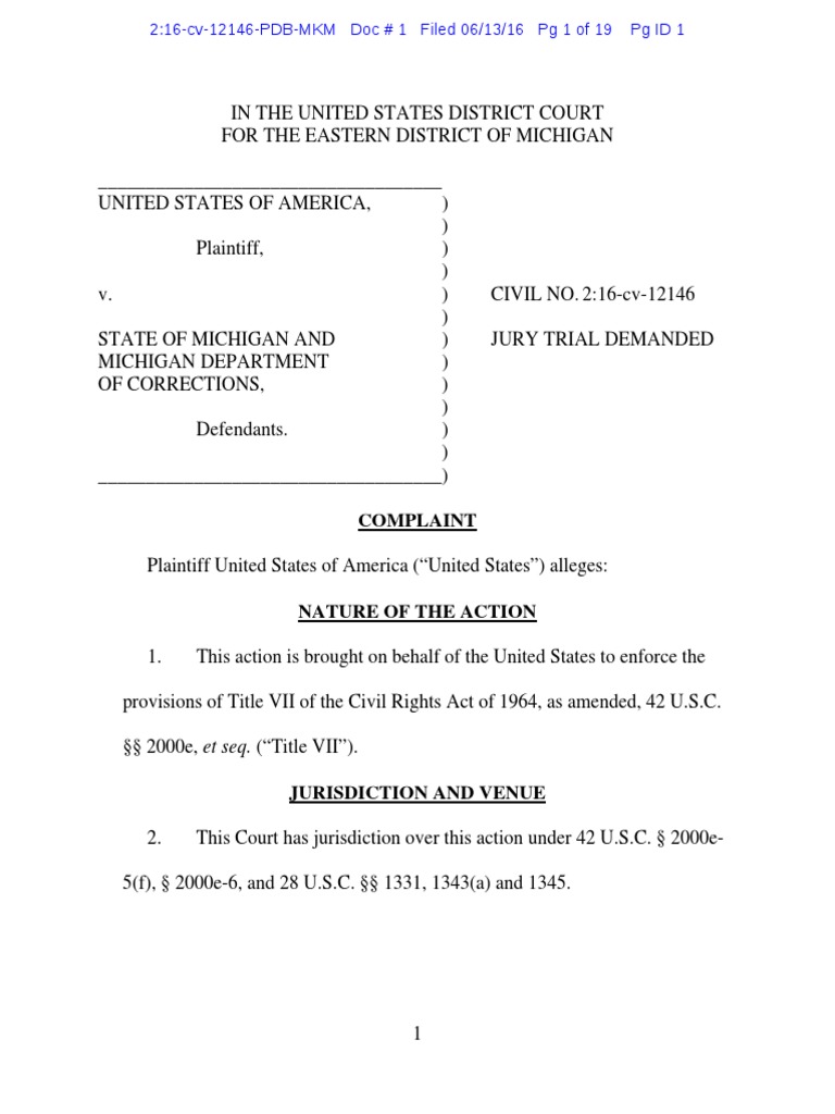 Complaint Against Michigan Department of Corrections Civil Rights Act