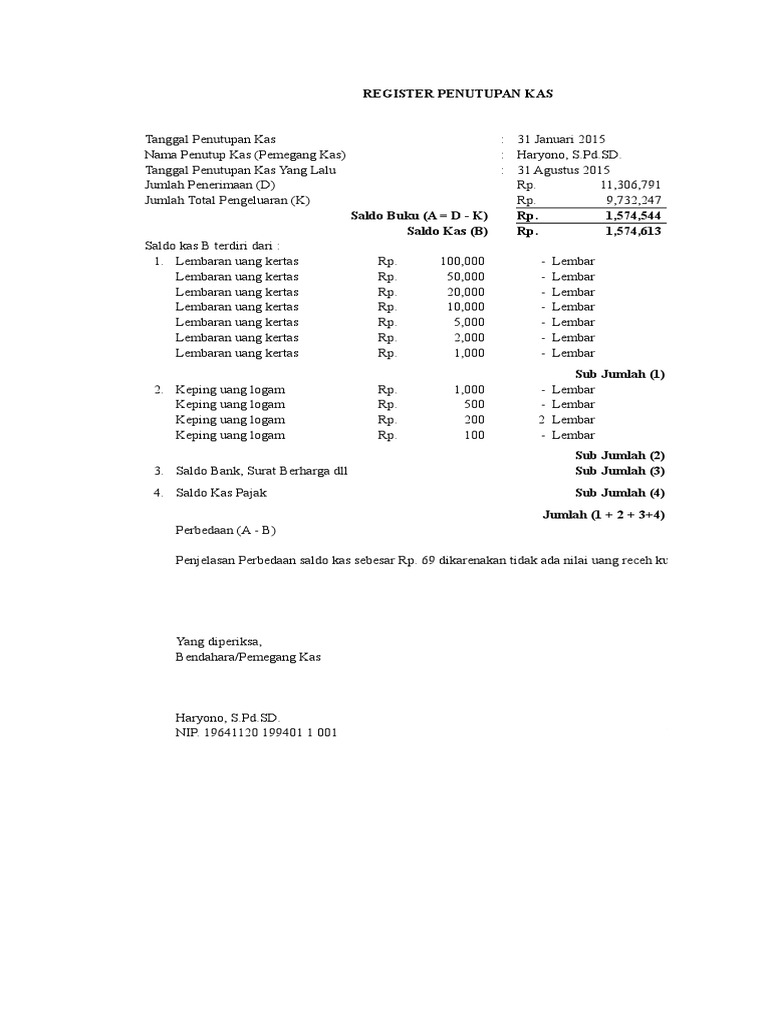 Format Bos-k7b Register Penutupan Kas