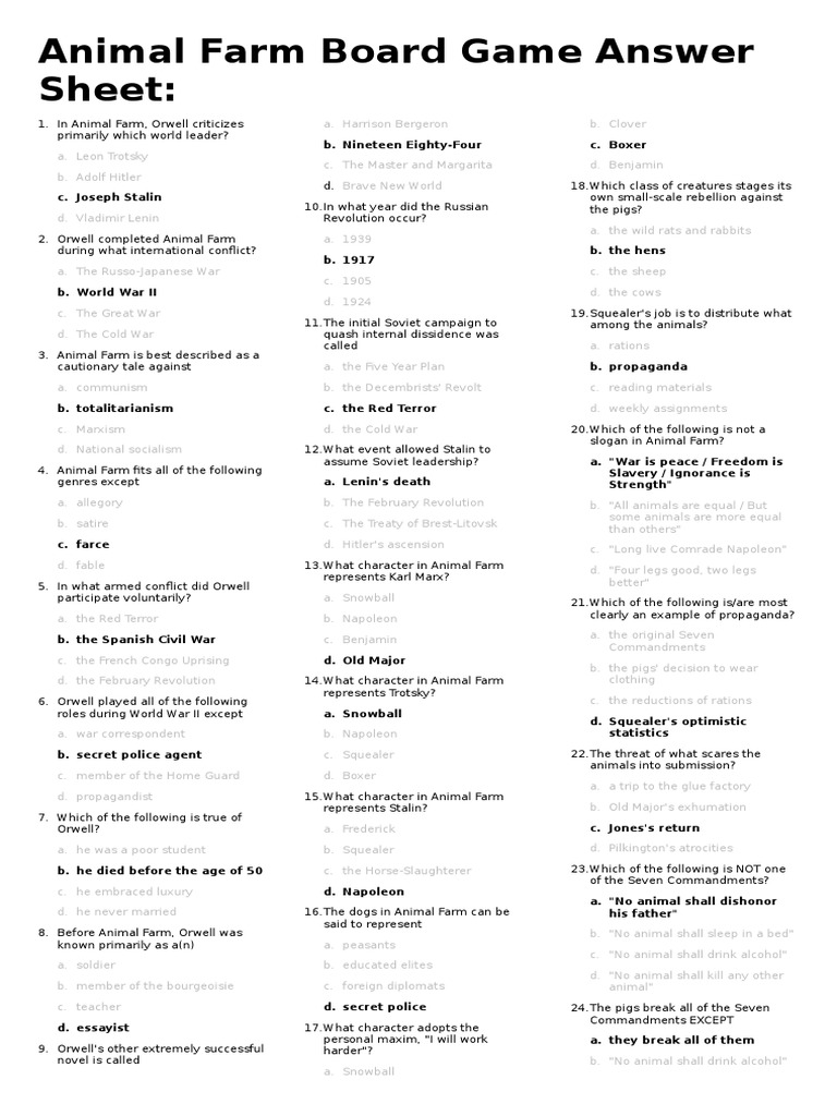 Animal Farm Board Game Answer Key | PDF | Communism | Political Theories